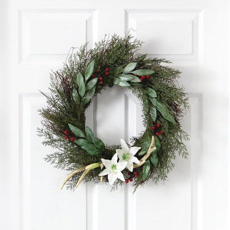 20” Cedar, Antlers, Lily and Ruscus with Berries Artificial Wreath - Ed's Plant Shop