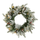 20'' Flocked Mixed Pine Christmas Wreath with LED Lights, Pine Cones & Berries - Ed's Plant Shop