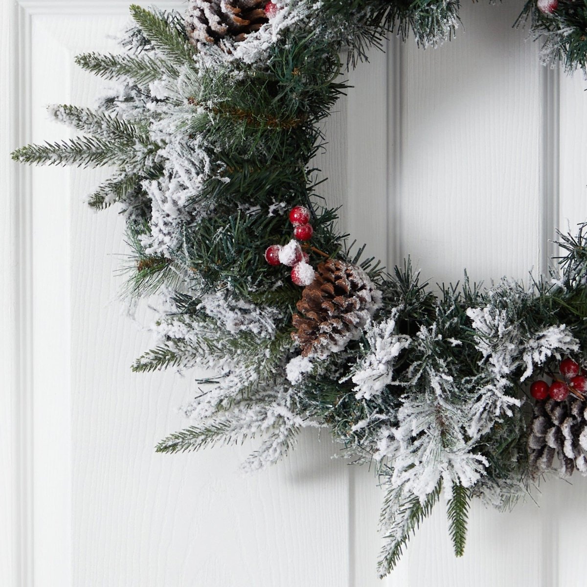 20'' Flocked Mixed Pine Christmas Wreath with LED Lights, Pine Cones & Berries - Ed's Plant Shop