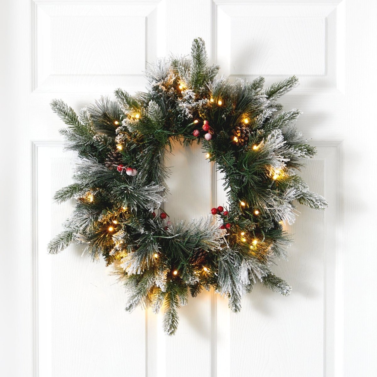 20'' Flocked Mixed Pine Christmas Wreath with LED Lights, Pine Cones & Berries - Ed's Plant Shop