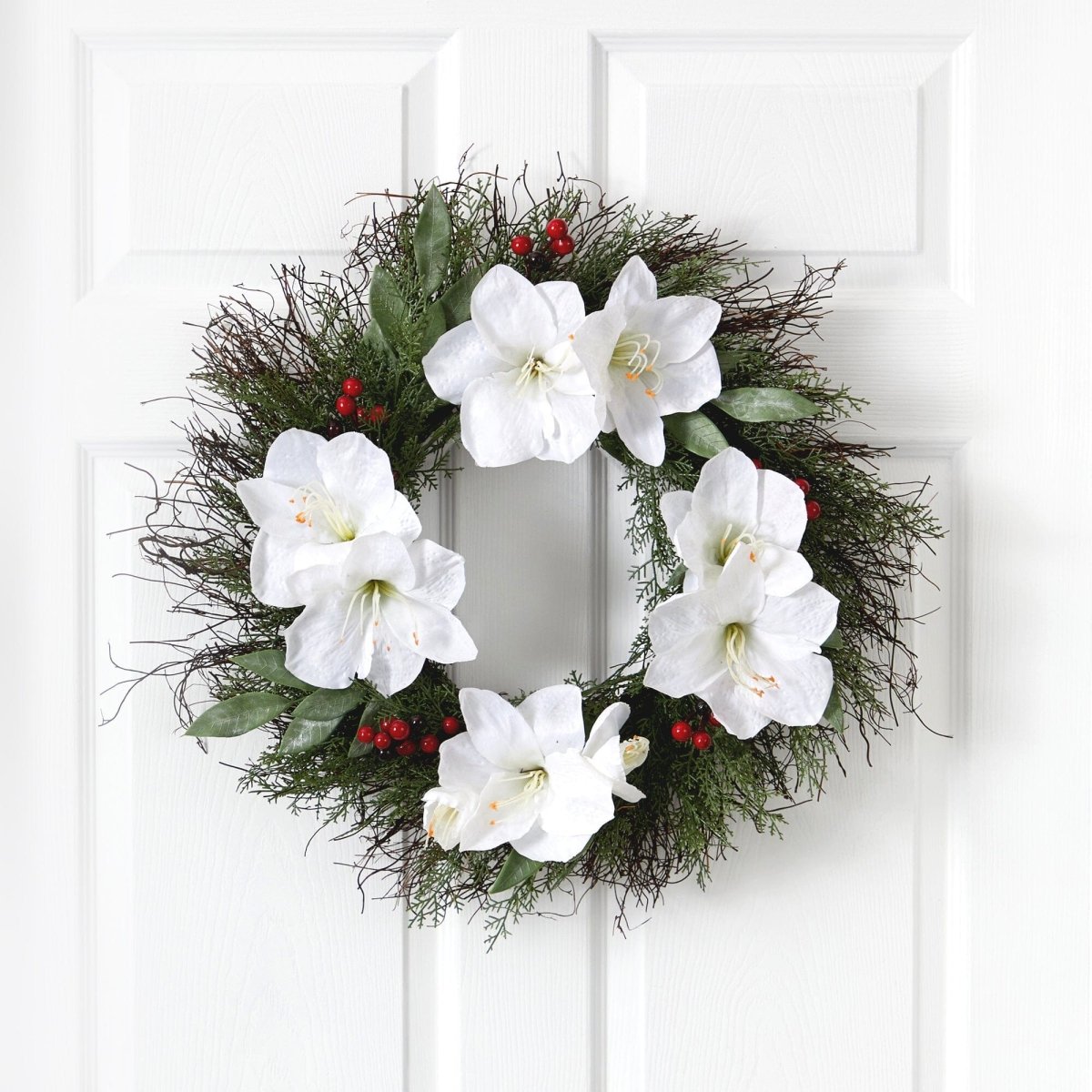 20 - in Cedar, Amaryllis and Ruscus with Berries Artificial Wreath - Ed's Plant Shop