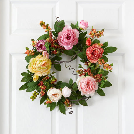 20” Mixed Peony & Berry Wreath | Vibrant, Colorful Décor - Ed's Plant Shop