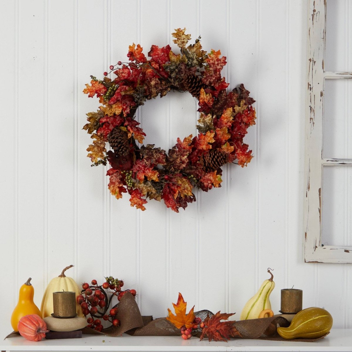 24'' Autumn Maple Artificial Fall Wreath with Berries & Pinecones - Ed's Plant Shop