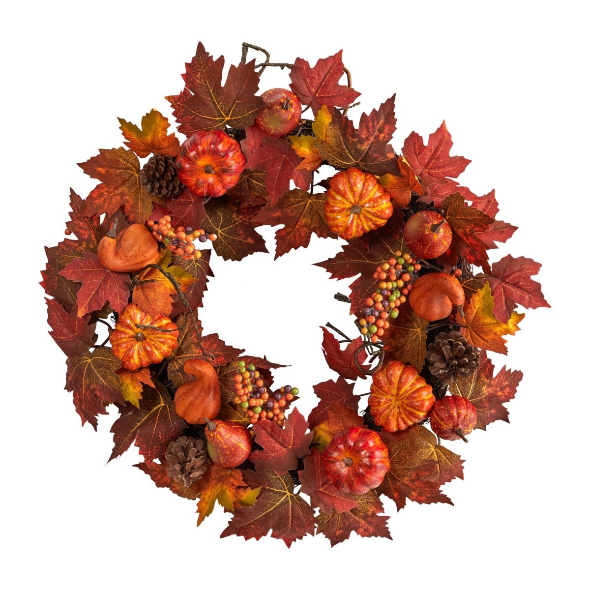 24'' Autumn Maple Leaves Artificial Fall Wreath with Pumpkins & Berries - Ed's Plant Shop