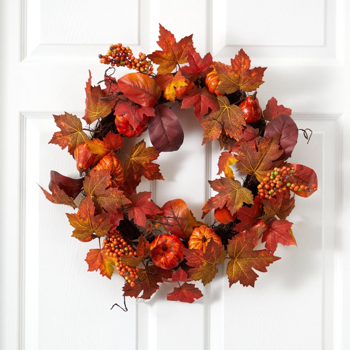 24'' Autumn Maple Leaves Artificial Fall Wreath with Pumpkins & Berries - Ed's Plant Shop