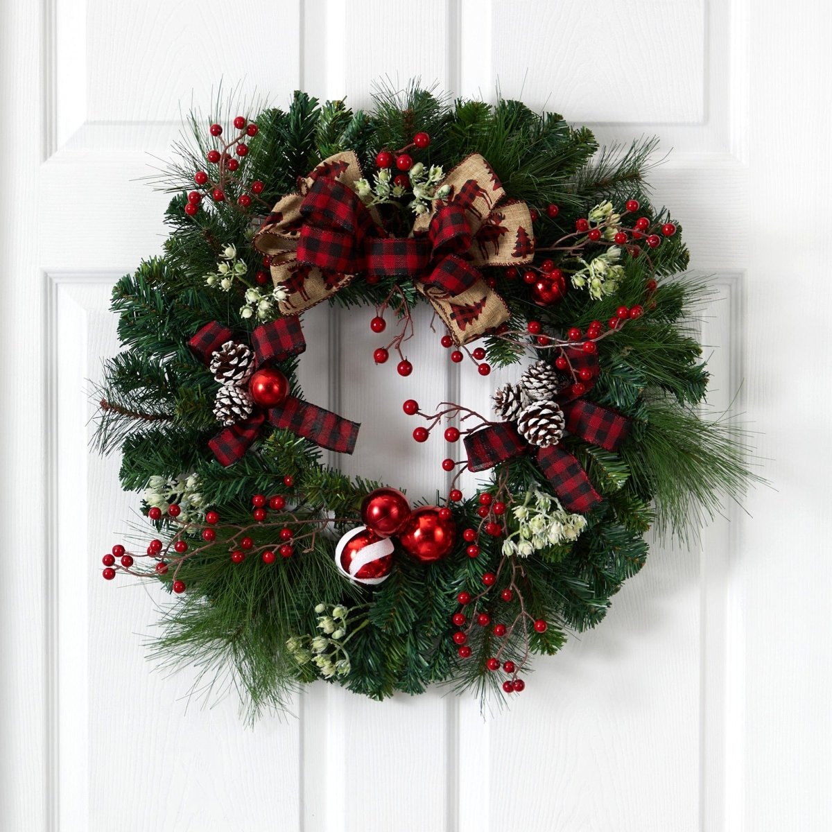 24'' Christmas Pine Artificial Wreath with Ornaments & Bow - Ed's Plant Shop