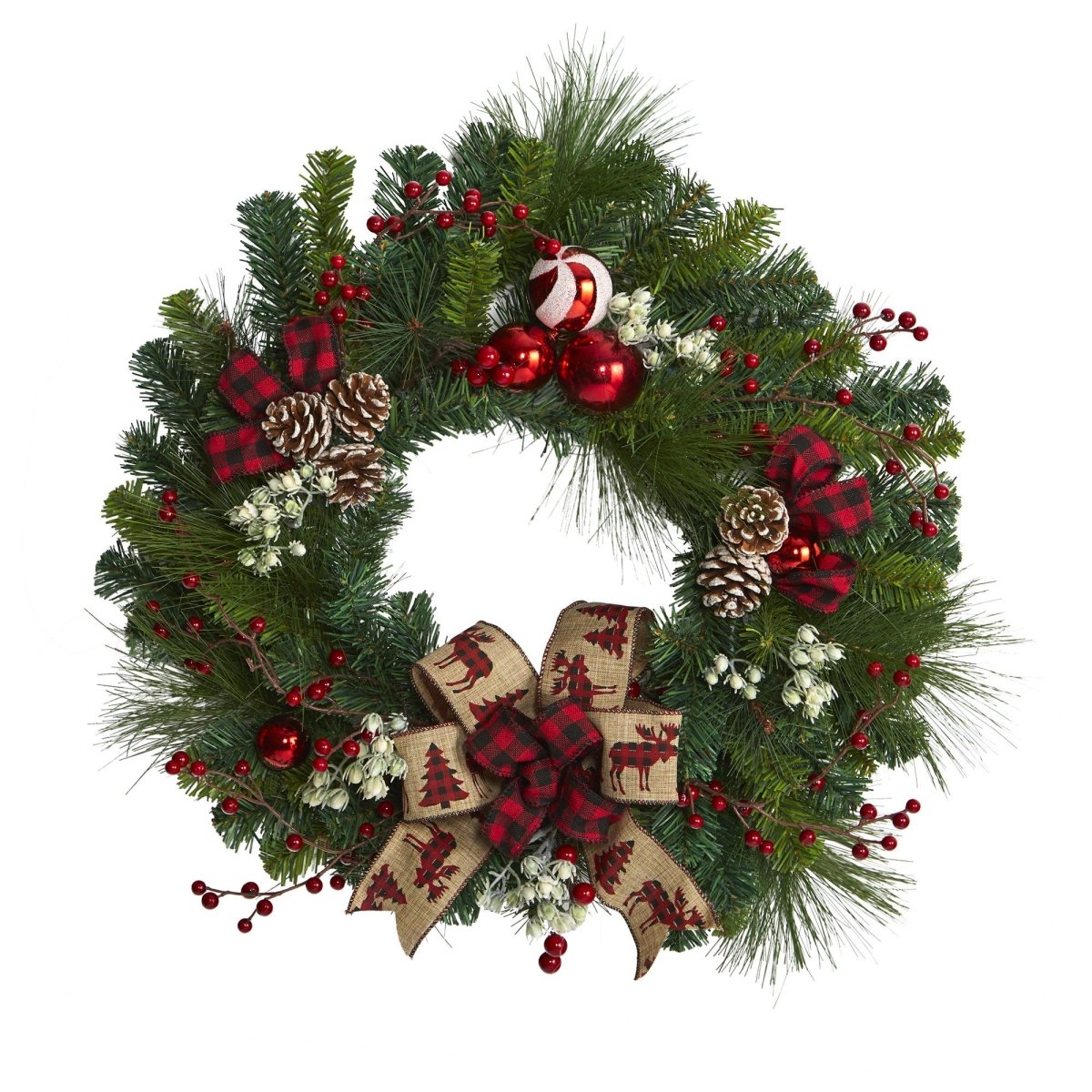 24'' Christmas Pine Artificial Wreath with Ornaments & Bow - Ed's Plant Shop