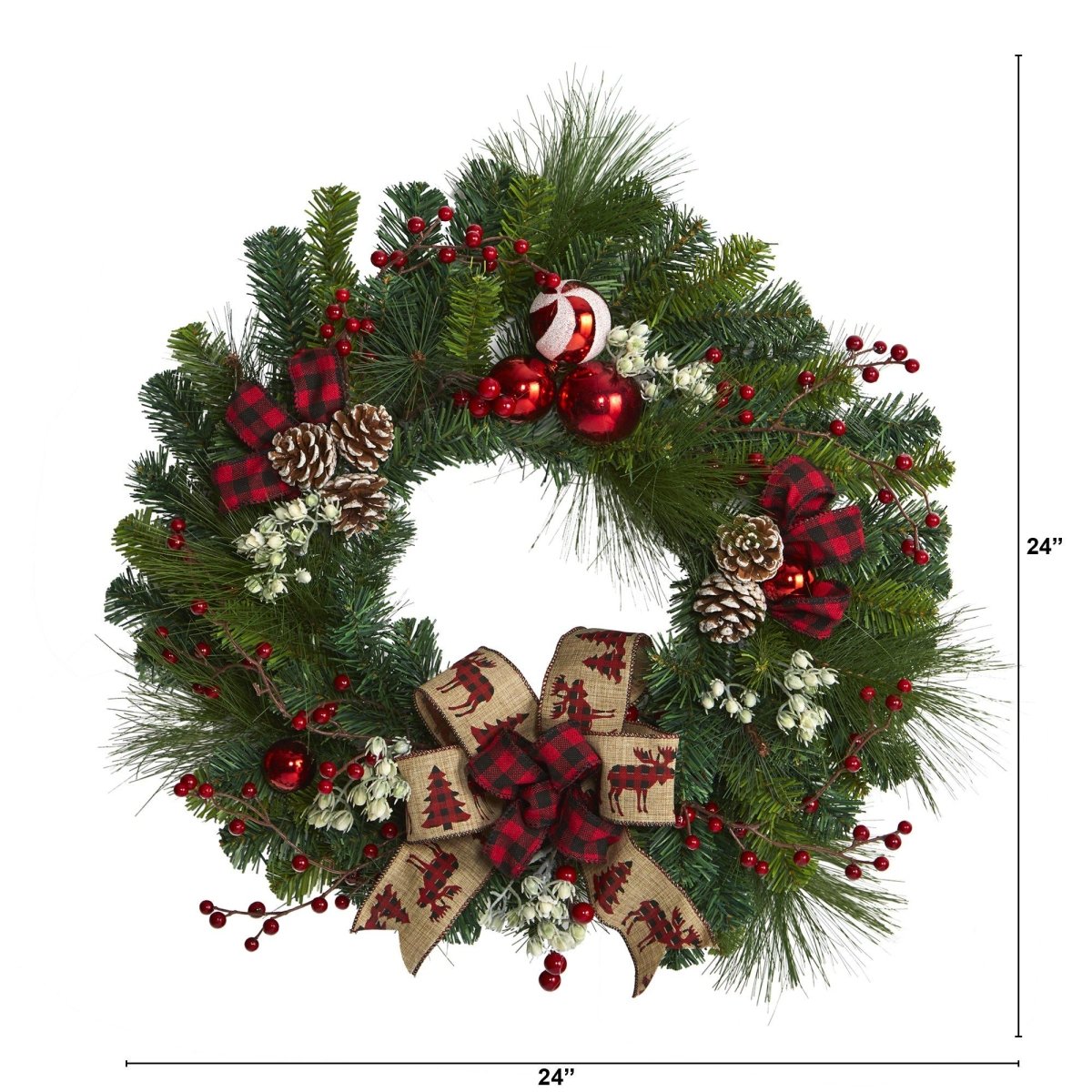 24'' Christmas Pine Artificial Wreath with Ornaments & Bow - Ed's Plant Shop