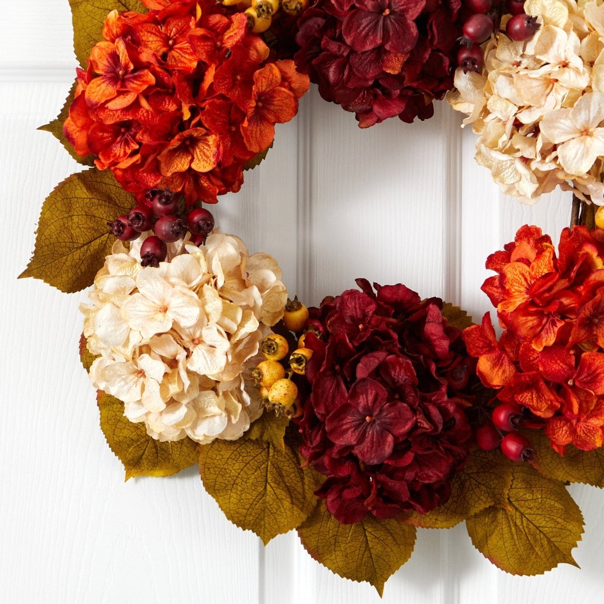 24'' Fall Hydrangea Wreath with Multicolored Autumn Leaves - Ed's Plant Shop