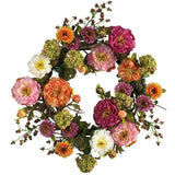 Colorful floral wreath with pink, orange, and white flowers on a white background
