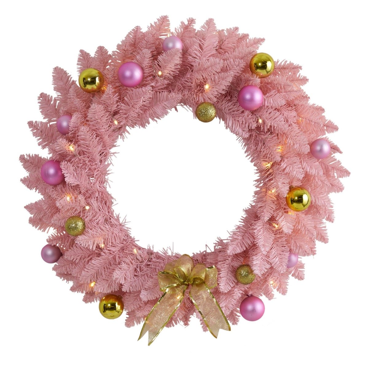 24” Pink Artificial Christmas Wreath with 35 LED Lights and Ornaments - Ed's Plant Shop