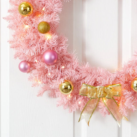 24” Pink Artificial Christmas Wreath with 35 LED Lights and Ornaments - Ed's Plant Shop