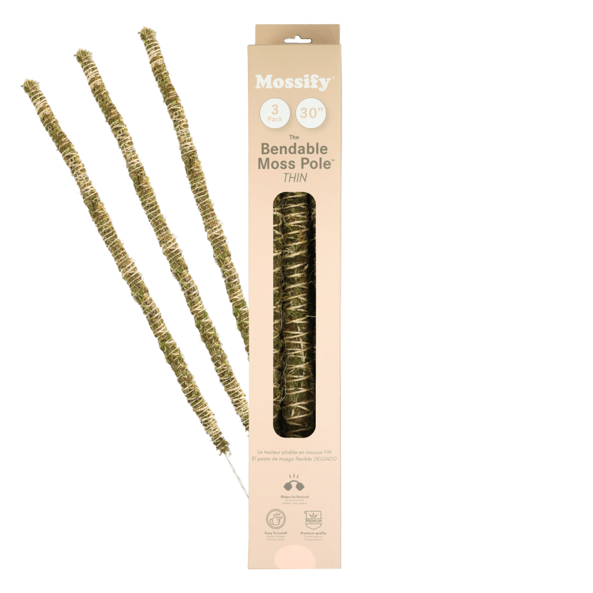 Mossify Bendable Moss Pole Thin packaging with two poles on a white background