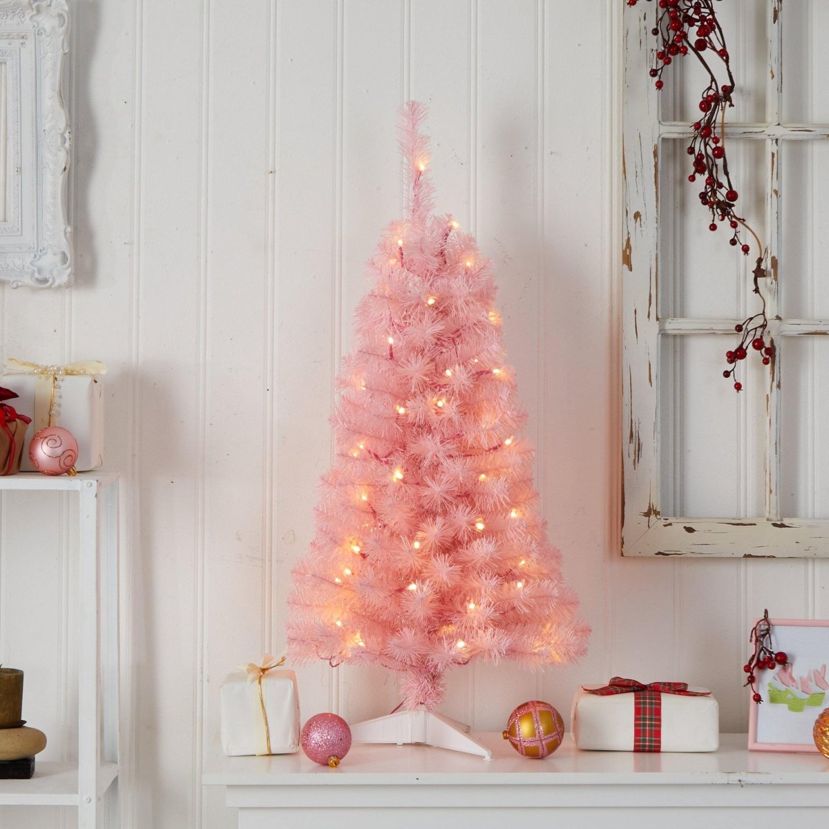 3’ Pink Artificial Christmas Tree with 50 LED Lights & 118 Bendable Branches - Whimsical Holiday Decor - Ed's Plant Shop