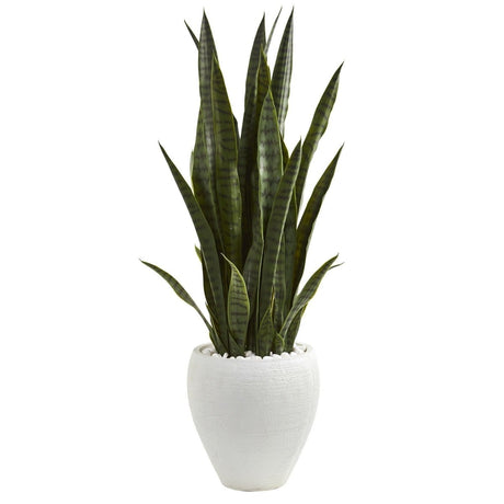 3.5' Faux Sansevieria Snake Plant in White Decorative Planter - Ed's Plant Shop