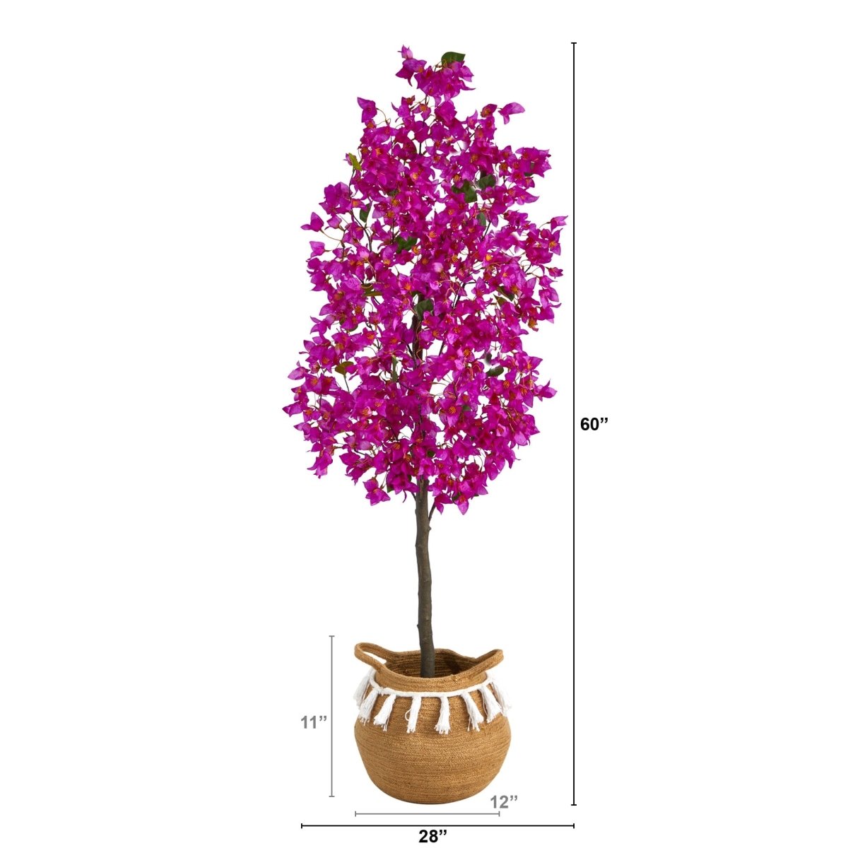 5’ Artificial Bougainvillea Tree | Handmade Jute & Cotton Basket with Tassels - Ed's Plant Shop