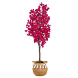 5’ Artificial Bougainvillea Tree | Handmade Jute & Cotton Basket with Tassels - Ed's Plant Shop