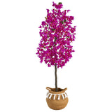 5’ Artificial Bougainvillea Tree | Handmade Jute & Cotton Basket with Tassels - Ed's Plant Shop