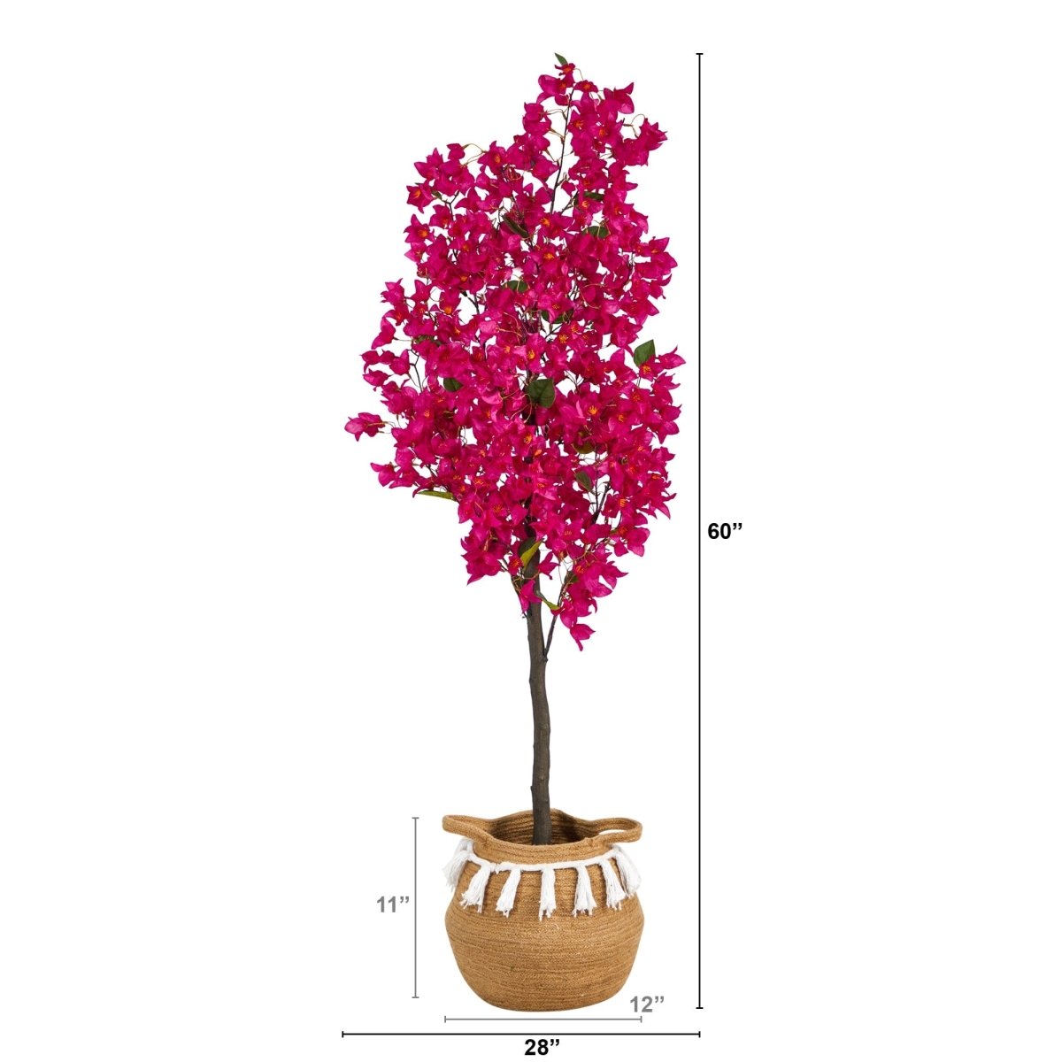 5’ Artificial Bougainvillea Tree | Handmade Jute & Cotton Basket with Tassels - Ed's Plant Shop