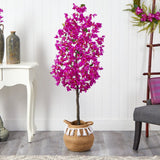 5’ Artificial Bougainvillea Tree | Handmade Jute & Cotton Basket with Tassels - Ed's Plant Shop