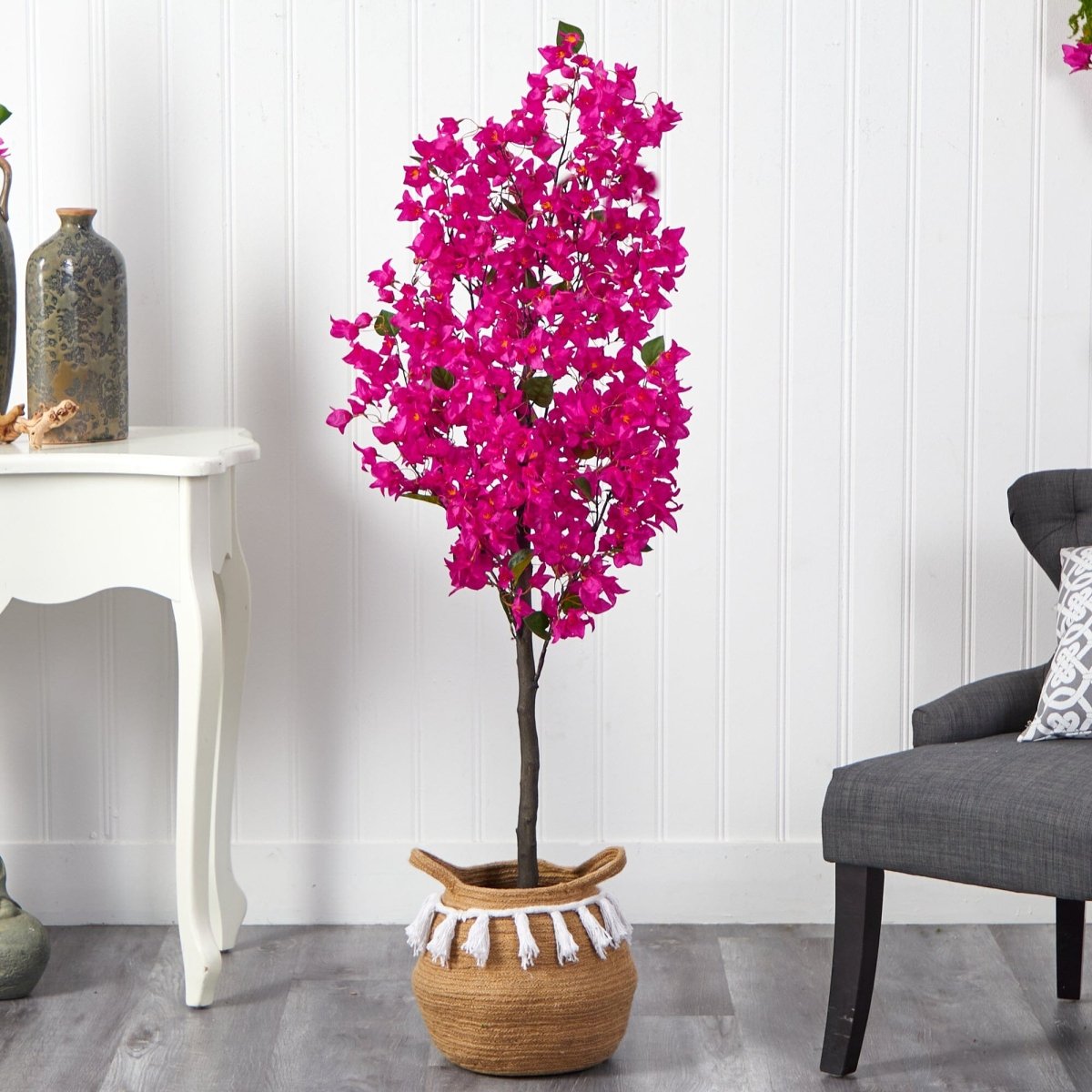 5’ Artificial Bougainvillea Tree | Handmade Jute & Cotton Basket with Tassels - Ed's Plant Shop