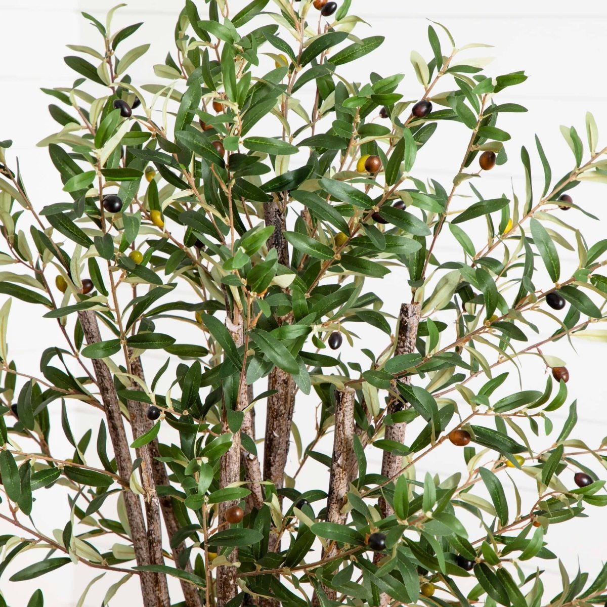 Artificial olive tree branch with green leaves and small brown fruits on a white background