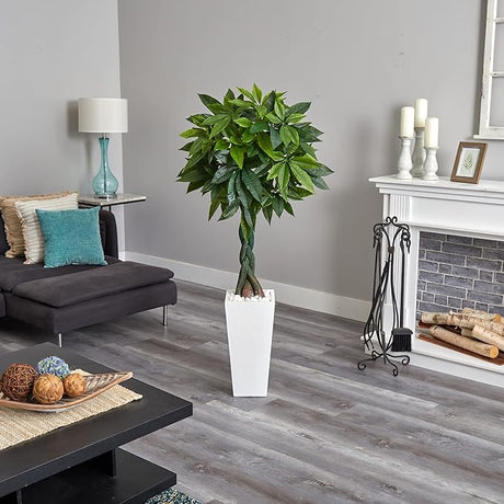 5.5 - ft Artificial Money Tree in White Tower Planter - Ed's Plant Shop