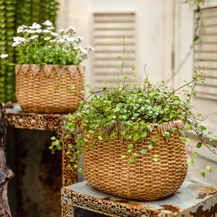 Straw Basket Planter - Cement