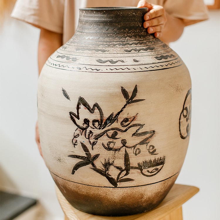 Large Oriental Style Ink Painting Terracotta Floor Pot