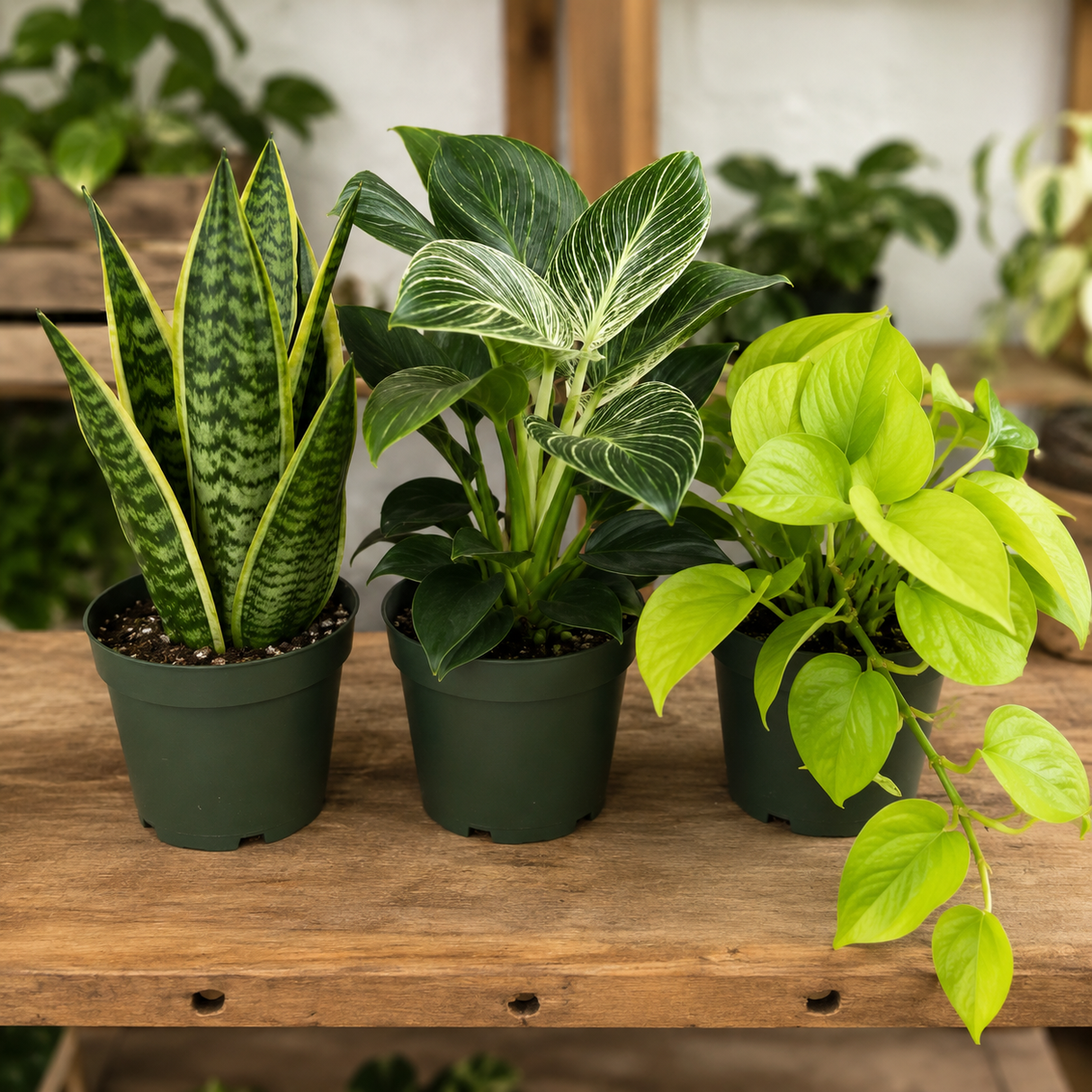 Easy-care houseplant trio with Neon Pothos, Philodendron Birkin and Snake Plant