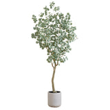 7.5’ Artificial Greco Eucalyptus Tree with Resin Stone Planter