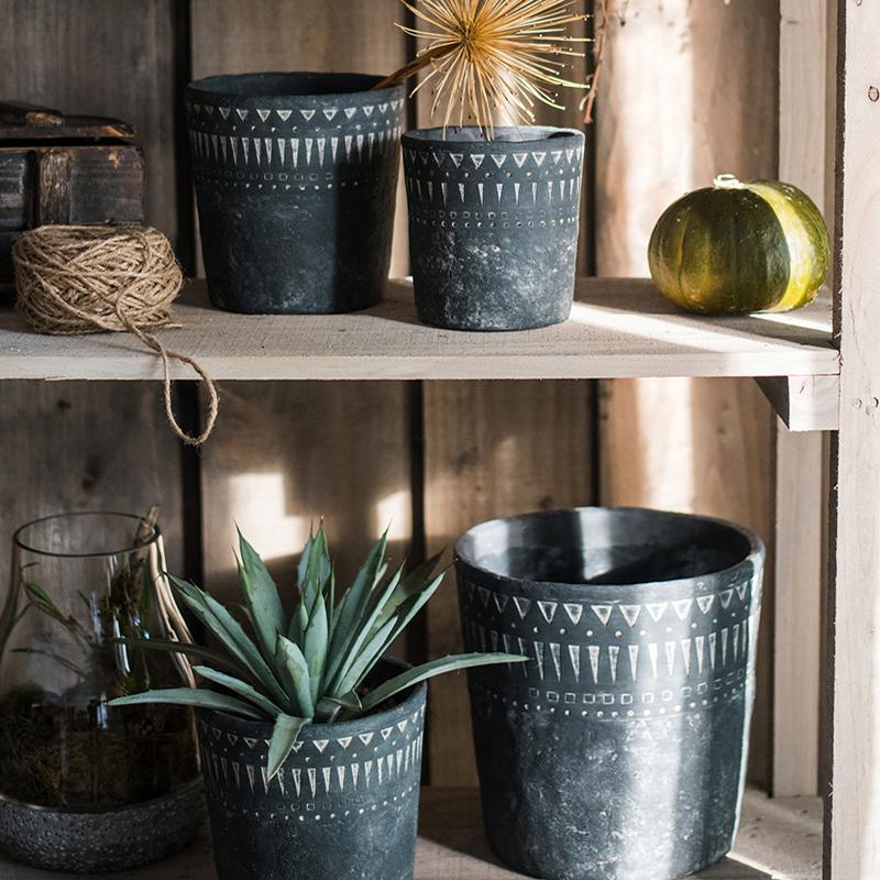 Black Planter With Geometric Design - Various Sizes - Ed's Plant Shop