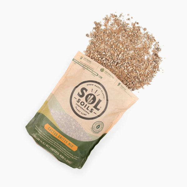 Sol Soils cactus gritty mix opened with soil on a white background