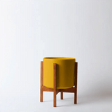 Yellow planter with wooden frame on a white background