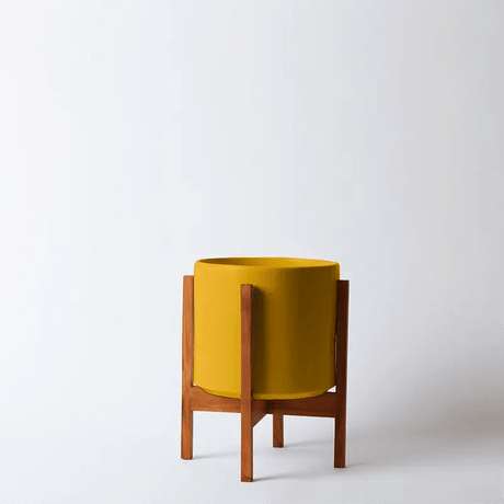 Yellow planter with wooden frame on a white background