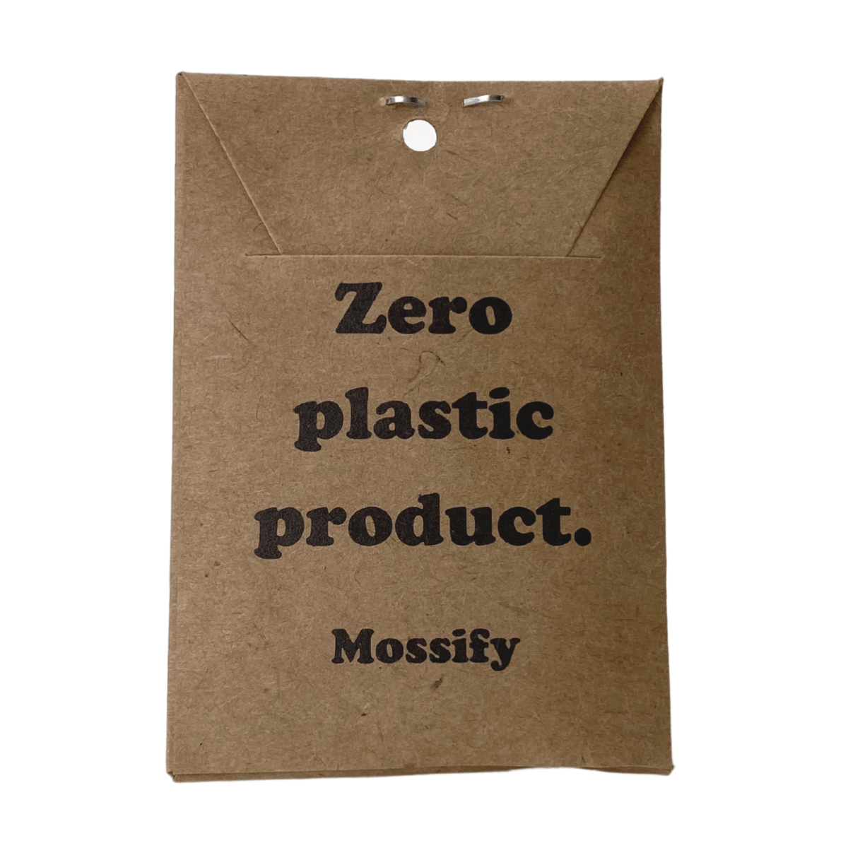 Kraft paper product packaging with 'Zero plastic product. Mossify' text on a white background