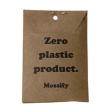Kraft paper product packaging with 'Zero plastic product. Mossify' text on a white background