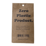 Kraft paper tag with 'Zero Plastic Product' text on a white background