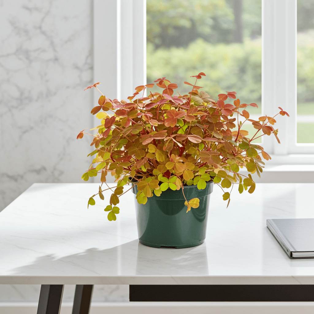 Golden Oxalis plant on a table with bright light and a window in the background