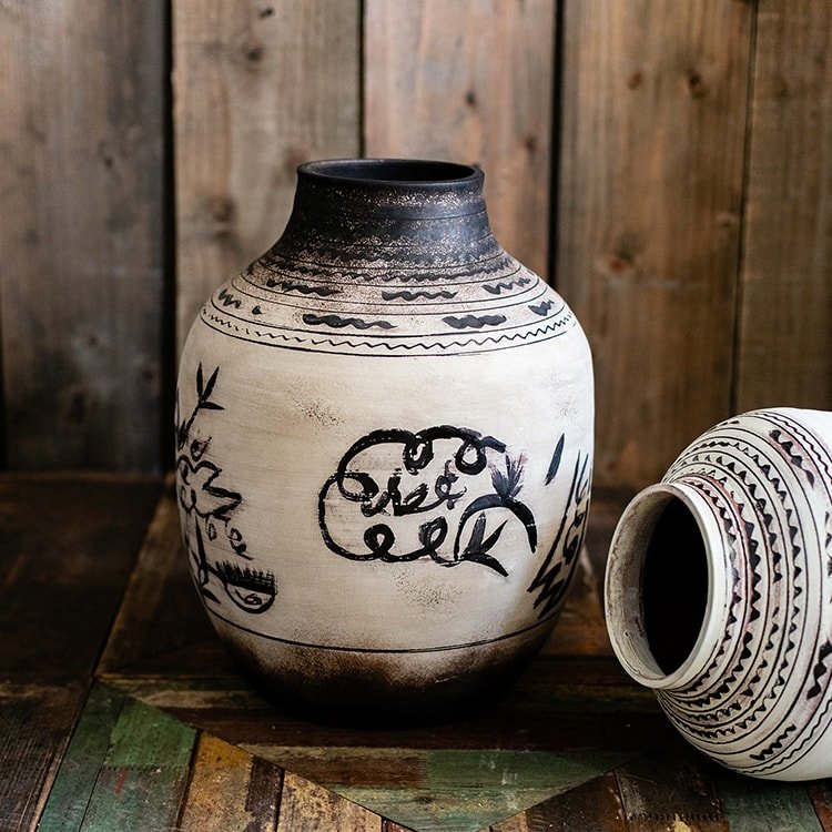 Large Oriental Style Ink Painting Terracotta Floor Pot - Ed's Plant Shop