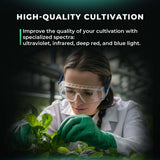 Person in a lab coat and goggles examining plants with text about high-quality cultivation and specialized spectra.