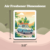 Air freshener dimensions with a car and nature design on a green background