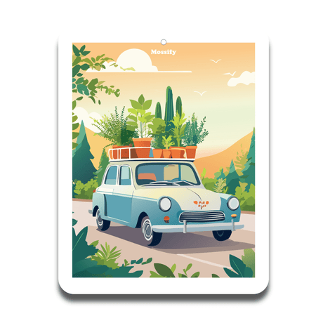 Illustration of a vintage car with plants on a scenic background Plant-Mobile air freshener by Mossify in car