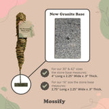 Mossify product with bendable moss pole and stone base measurements on a beige background
