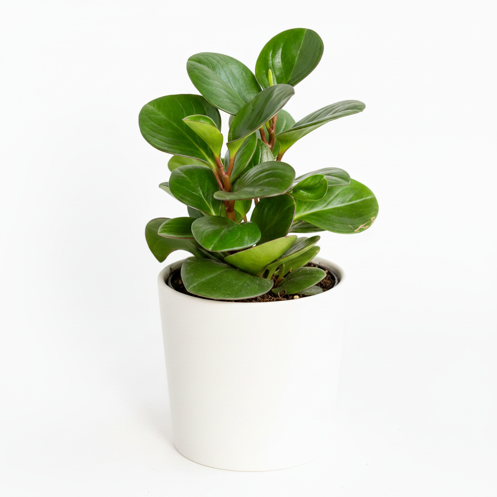 Peperomia Obtusifolia Green Baby Rubber Plant in white ceramic pot on white background, compact upright growth with deep green oval leaves