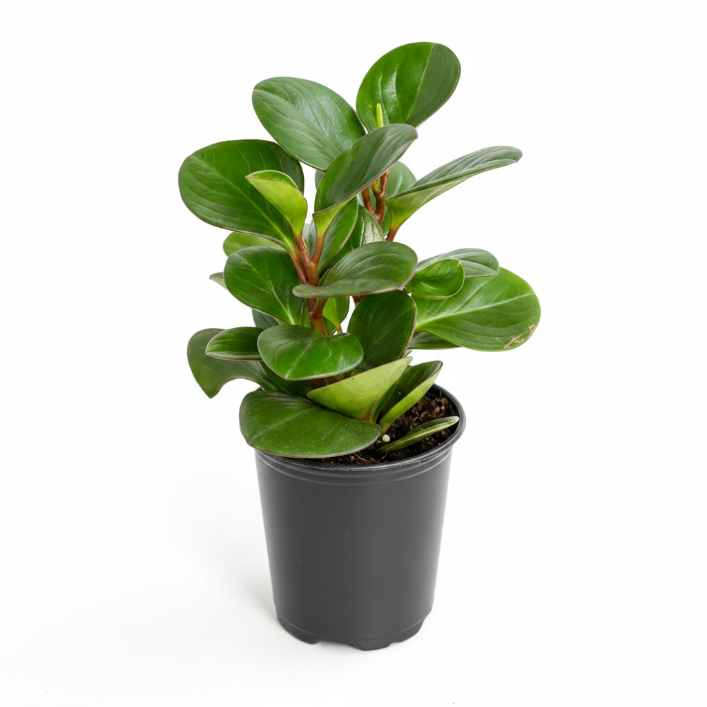 Peperomia Obtusifolia Green Baby Rubber Plant in black nursery pot against white background, showing full upright bushy form with glossy round leaves
