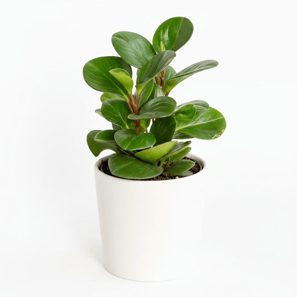 Peperomia Obtusifolia Green Baby Rubber Plant in white ceramic pot on white background, compact upright growth with deep green oval leaves