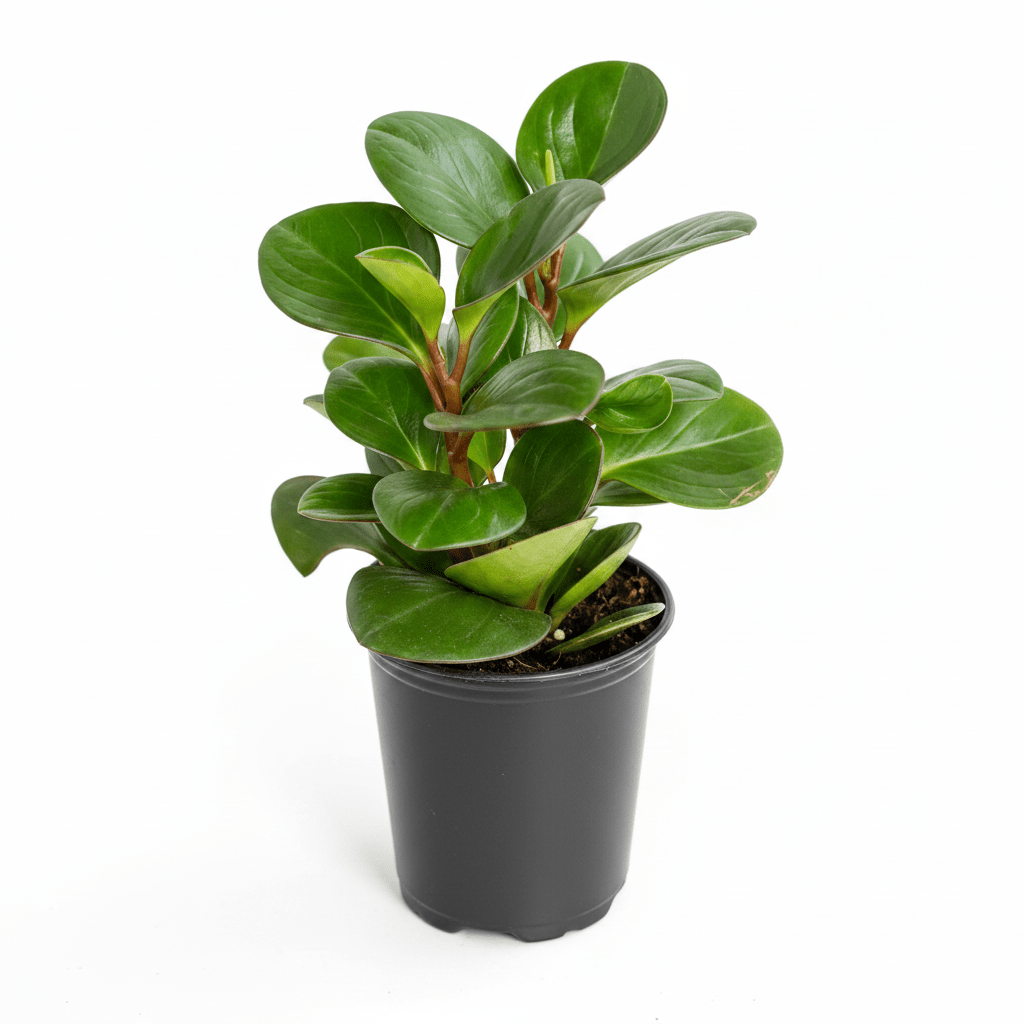 Peperomia Obtusifolia Green Baby Rubber Plant in black nursery pot against white background, showing full upright bushy form with glossy round leaves