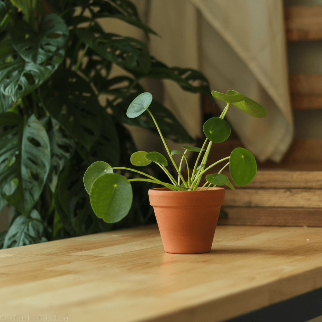Pilea peperomioides Friendship Plant in terracotta nursery pot on butcher block table with wood pallet wall and amber bottles in background