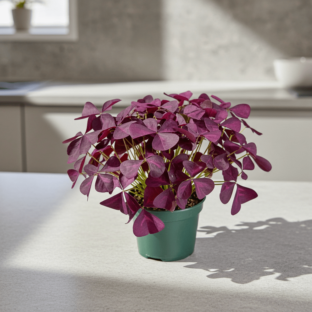 Potted purple-leafed Oxalis plant on a light surface with a neutral background